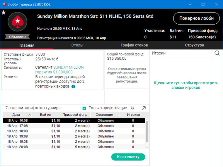 Турнир Sunday Millions рума PokerStars.
